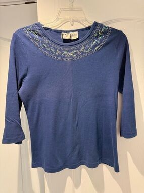 Women's Navy Embroidered Scoop Neck Long Sleeve Top